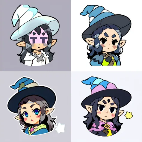 emoji, simple background, (1boy), solo, white skin, outline, xelor, mage, pointy ears, (black hair), long hair, curvy, chibi, (portrait), (upper body), waven, mage hat, witch hat,
