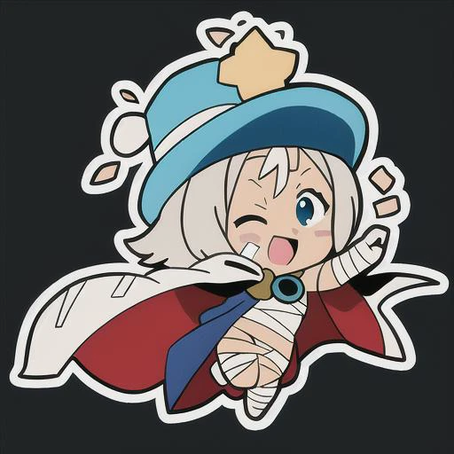 emoji, simple background, 1girl, solo, black background, outline, xelor, looking at viewer, floating, dynamic pose, happy emotion, mage, time mage, tech mage, hat, cape, bandaid, bandages