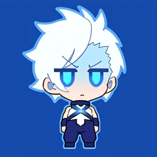 emoji, simple background, 1boy, solo, full body, black background, white skin, outline, iop, blue eyes, blue hair, short spikey hair, calm, standing, neutral emotion, wizzard with a stuff