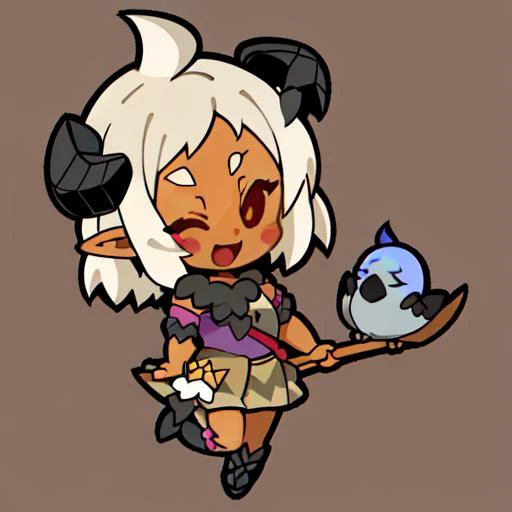 emoji, simple background, 1girl, solo, full body, black background, blue skin, outline, osamodas, pointy ears, blonde, medium hair, one eye closed, open-mouthed smile, looking at viewer, blush stickers, smile, standing, standing on one leg, dynamic pose, happy emotion, summoner, druid, horns, bird, skirt, staff, holding staff, holding