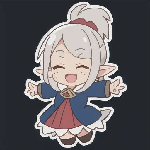 emoji, simple background, 1girl, solo, full body, black background, white skin, outline, iop, pointy ears, gray hair, medium hair, closed eyes, open-mouthed smile, freckles, smile, dynamic pose, happy emotion, warrior