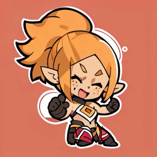 emoji, simple background, 1girl, solo, full body, white skin, outline, iop, pointy ears, orange hair, medium hair, closed eyes, open-mouthed smile, freckles, evil smile, dynamic pose, happy emotion, warrior