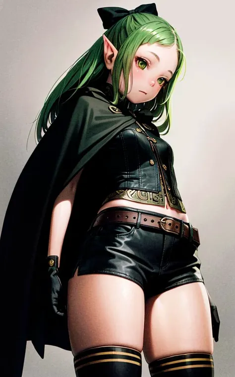 (masterpiece, best quality), intricate details, 1girl, elf, pointy ears, green hair, long hair, sidelocks, hair bow, green eyes, small breasts, cloak, black gloves, brown shorts, green thighhighs, short shorts, belt,<lora:Rangemurata:0.8>