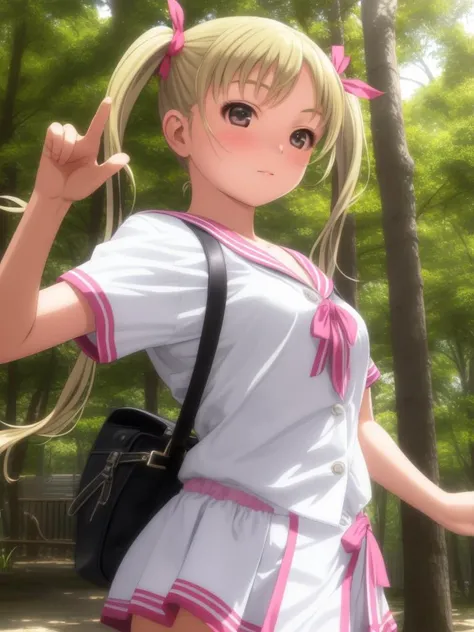 masterpiece, best quality, 1girl, blonde hair, twintails, dynamic pose, forest <lora:Rangemurata:0.7>