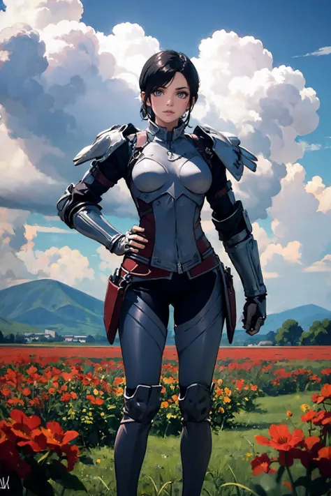 masterpiece, best quality,  <lora:kjelle-nvwls-v1:.9> [kjelle:Syanna:.35], short hair, black hair, (pauldrons:1.5), armor, bodysuit, armored boots, gauntlets, hands to hips, looking at viewer, field, sky, clouds <lora:Degen-Syanna:0.5>