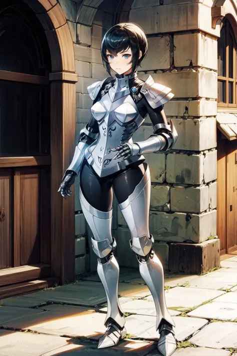 thick outlines, comics, photorealistic, perfect hands, masterpiece:1.2, 1girl, solo, standing, thin tights, <lora:kjelle-nvwls-v1:0.7>, kjelle, pauldrons:1.5, armor, bodysuit, armored boots, gauntlets, short hair, medieval town, detailed face, detailed eyes, <lora:add_detail:0.7>