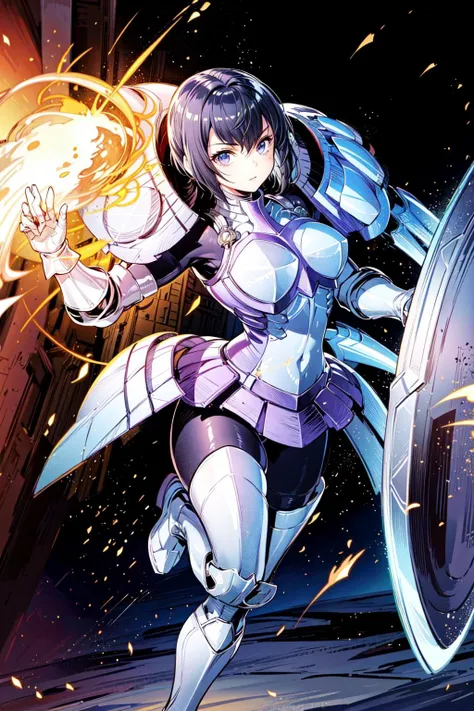 thick outlines, comics, photorealistic, perfect hands, masterpiece:1.2, 1girl, solo, standing, thin tights, <lora:kjelle-nvwls-v1:0.7>, kjelle, (pauldrons:1.4), giant shield, spear, armor, bodysuit, armored boots, gauntlets, short hair, medieval town, detailed face, detailed eyes, <lora:add_detail:0.7>