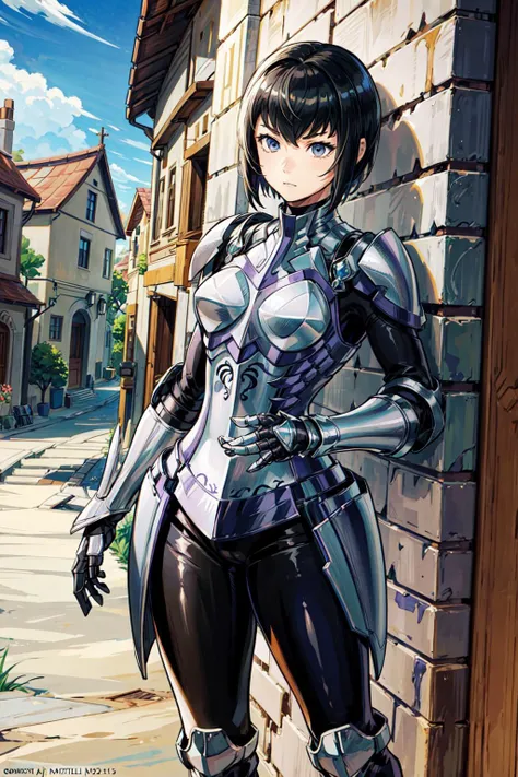 thick outlines, comics, photorealistic, perfect hands, masterpiece:1.2, 1girl, solo, standing, thin tights, <lora:kjelle-nvwls-v1:0.7>, kjelle, pauldrons:1.5, armor, bodysuit, armored boots, gauntlets, short hair, medieval town, detailed face, detailed eyes, <lora:add_detail:0.7>