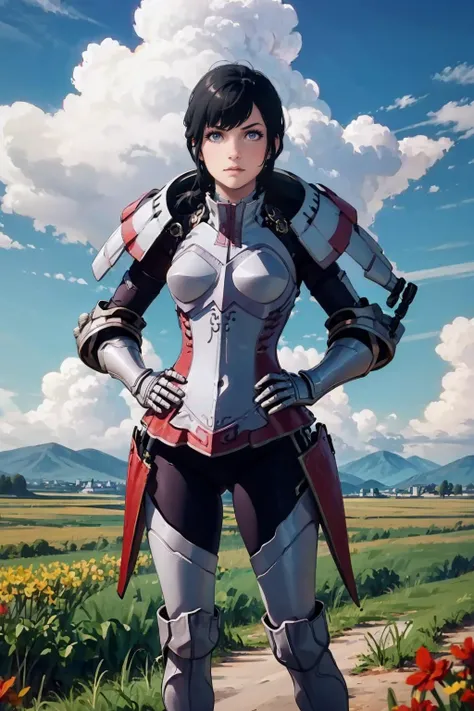 masterpiece, best quality,  <lora:kjelle-nvwls-v1:1> [kjelle:Syanna:.7], (pauldrons:1.3), armor, bodysuit, armored boots, gauntlets, hands to hips, looking at viewer, field, sky, clouds <lora:Degen-Syanna:0.5>