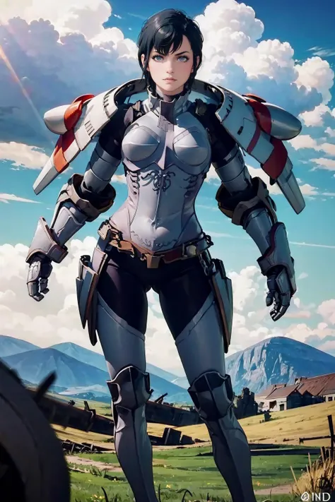 masterpiece, best quality,  <lora:kjelle-nvwls-v1:1> [kjelle:Syanna:.5], short hair, black hair, (pauldrons:1.5), armor, bodysuit, armored boots, gauntlets, hands to hips, looking at viewer, field, sky, clouds <lora:Degen-Syanna:0.5>