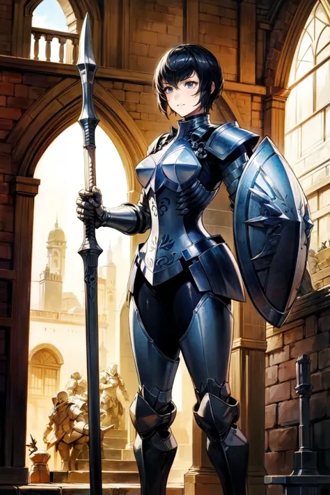 thick outlines, comics, photorealistic, perfect hands, masterpiece:1.2, 1girl, solo, standing, thin tights, <lora:kjelle-nvwls-v1:0.7>, kjelle, (pauldrons:1.4), giant shield, spear, armor, bodysuit, armored boots, gauntlets, short hair, medieval town, detailed face, detailed eyes, <lora:add_detail:0.7>