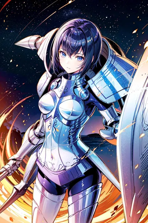 thick outlines, comics, photorealistic, perfect hands, masterpiece:1.2, 1girl, solo, standing, thin tights, <lora:kjelle-nvwls-v1:0.7>, kjelle, (pauldrons:1.4), giant shield, spear, armor, bodysuit, armored boots, gauntlets, short hair, medieval town, detailed face, detailed eyes, <lora:add_detail:0.7>