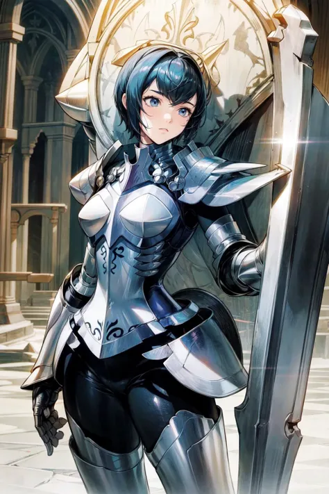 thick outlines, comics, photorealistic, perfect hands, masterpiece:1.2, 1girl, solo, standing, thin tights, <lora:kjelle-nvwls-v1:0.8>, kjelle, (pauldrons:1.4), huge shield, armor, bodysuit, armored boots, gauntlets, short hair, medieval town, detailed face, detailed eyes, <lora:add_detail:0.7>