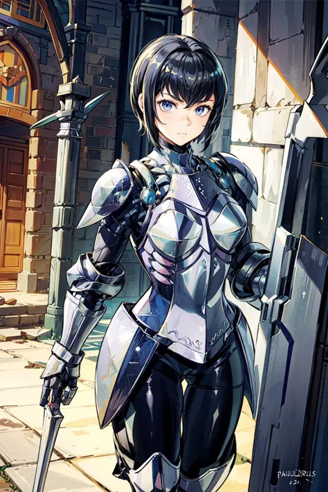 thick outlines, comics, photorealistic, perfect hands, masterpiece:1.2, 1girl, solo, standing, thin tights, <lora:kjelle-nvwls-v1:0.7>, kjelle, (pauldrons:1.4), giant shield, spear, armor, bodysuit, armored boots, gauntlets, short hair, medieval town, detailed face, detailed eyes, <lora:add_detail:0.7>