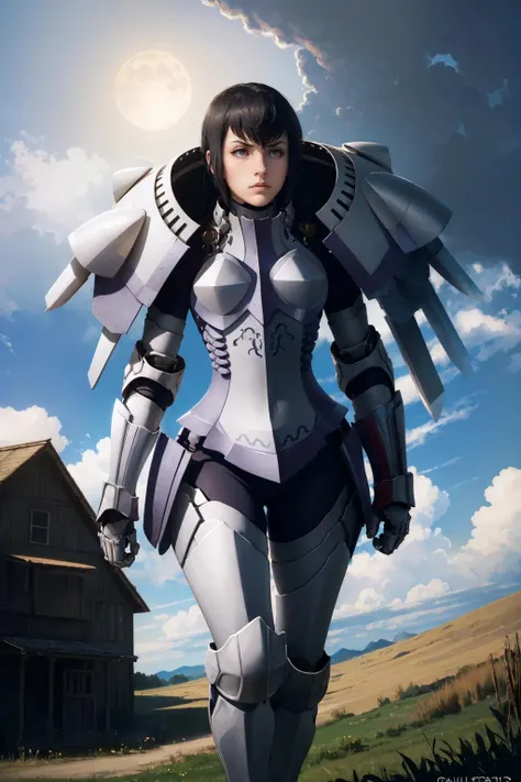 masterpiece, best quality,  <lora:kjelle-nvwls-v1:1> kjelle, (pauldrons:1.5), armor, bodysuit, armored boots, gauntlets, standing, from below, furrowed brow, grey skies, field, chiaroscuro, serious, looking at viewer