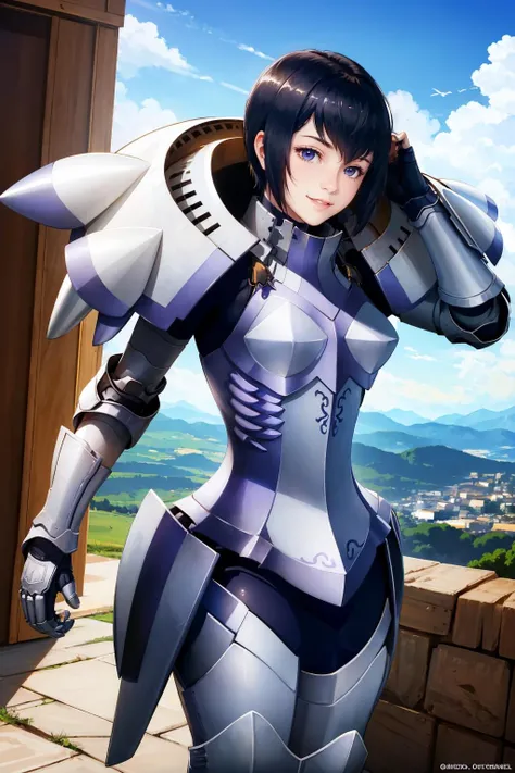 masterpiece, best quality, <lora:kjelle-nvwls-v1-000010:1> kjelle, pauldrons, armor, bodysuit, armored boots, gauntlets, looking at viewer, standing, upper body, smile, sky, clouds