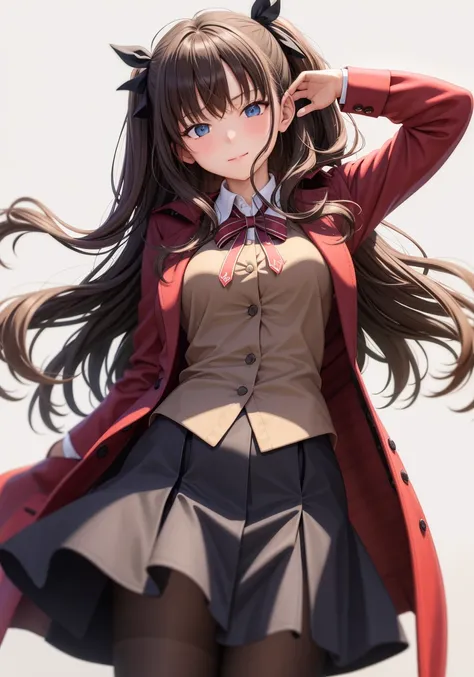 masterpiece, best quality,1girl, solo, long hair, skirt, (black hair:1.2),pantyhose, tohsaka rin, two side up, shirt, black skirt, white shirt, homurahara academy school uniform, open clothes, ribbon, coat, glint, looking at viewer, white background, blue eyes, smile, red coat, brown vest, long sleeves, collared shirt, black pantyhose, school uniform, bangs, vest, simple background, standing, brown hair, closed mouth, open coat,(kbxll:0)