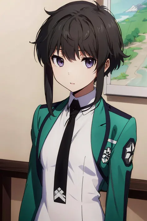 <lora:åå±±é«1V-000007:0.8>,1girl,åå±±é«,black hair,short hair with long locks,short hair,sidelocks,purple eyes,bangs,black hair,
school uniform,long sleeves,white dress,black necktie,green jacket,, Exquisite visuals, high-definition,masterpiece,best quality,