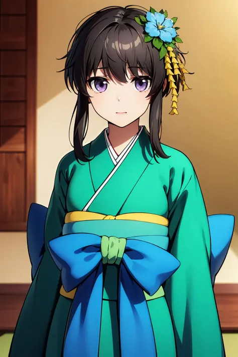 <lora:åå±±é«1V-000007:0.7>,1girl,åå±±é«,black hair,short hair with long locks,short hair,sidelocks,purple eyes,bangs,black hair,
blue bow,green kimono,hair ornament,japanese clothes,hair flower,obi,wide sleeves,arms behind back,, 20yo,Young female,Beautiful Finger,Beautiful long legs,Beautiful body,Beautiful Nose,Beautiful character design, perfect eyes, perfect face,expressive eyes,
looking at viewer,
official art,extremely detailed CG unity 8k wallpaper, perfect lighting,Colorful, Bright_Front_face_Lighting,shiny skin,
(masterpiece:1.0),(best_quality:1.0), ultra high res,4K,ultra-detailed,
photography, 8K, HDR, highres, absurdres:1.2, Kodak portra 400, film grain, blurry background, bokeh:1.2, lens flare, (vibrant_color:1.2), (beautiful_face:1.5),(narrow_waist), ,NSFW,