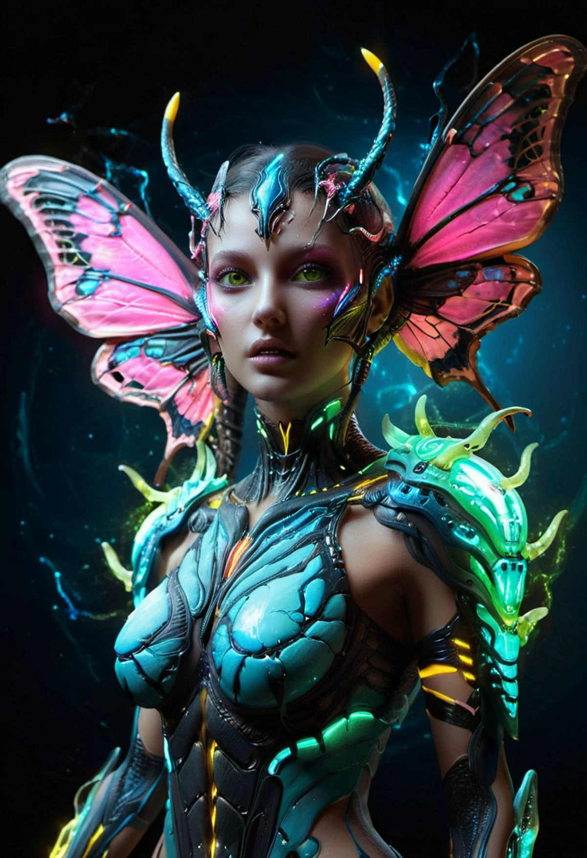 ombre colors of neon pink, neon blue, neon green, neon yellow
Alien female with large beautiful butterfly wings, powerful jaws, beautiful and terrible, flexible body, long snake tail, luminous eyes, Inspired by Stellaris game and Warframe, Dark Souls style <lora:dissolve:0.8> dissolve <lora:Randommaxx_dark_offset_v1.1XL:0.6> <lora:xl_more_art-full_v1:0.65>, subsurface scattering, ultra hd, 4k, high def, Photorealistic, Hyperrealistic, Hyper detailed, analog style, realistic, masterpiece, best quality, ultra realistic, 8k, Intricate, High Detail, film photography, soft lighting, heavy shadow