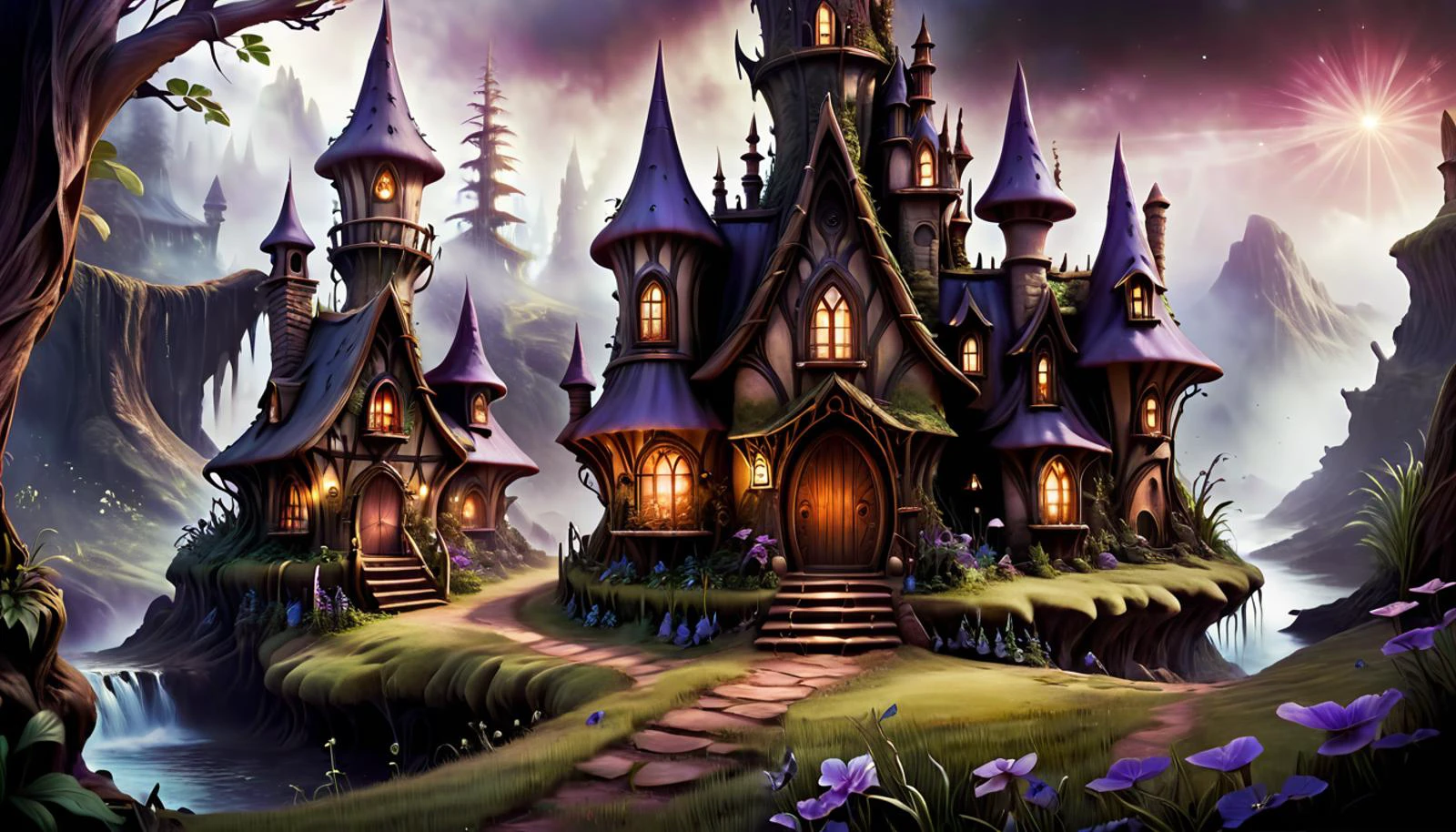 dreamscape dark scifi fairie village. surreal, ethereal, dreamy, mysterious, fantasy, highly detailed, <lora:FaeTastic2:0.7> <lora:Randommaxx_dark_offset_v1.1_lora_fp16:0.4>