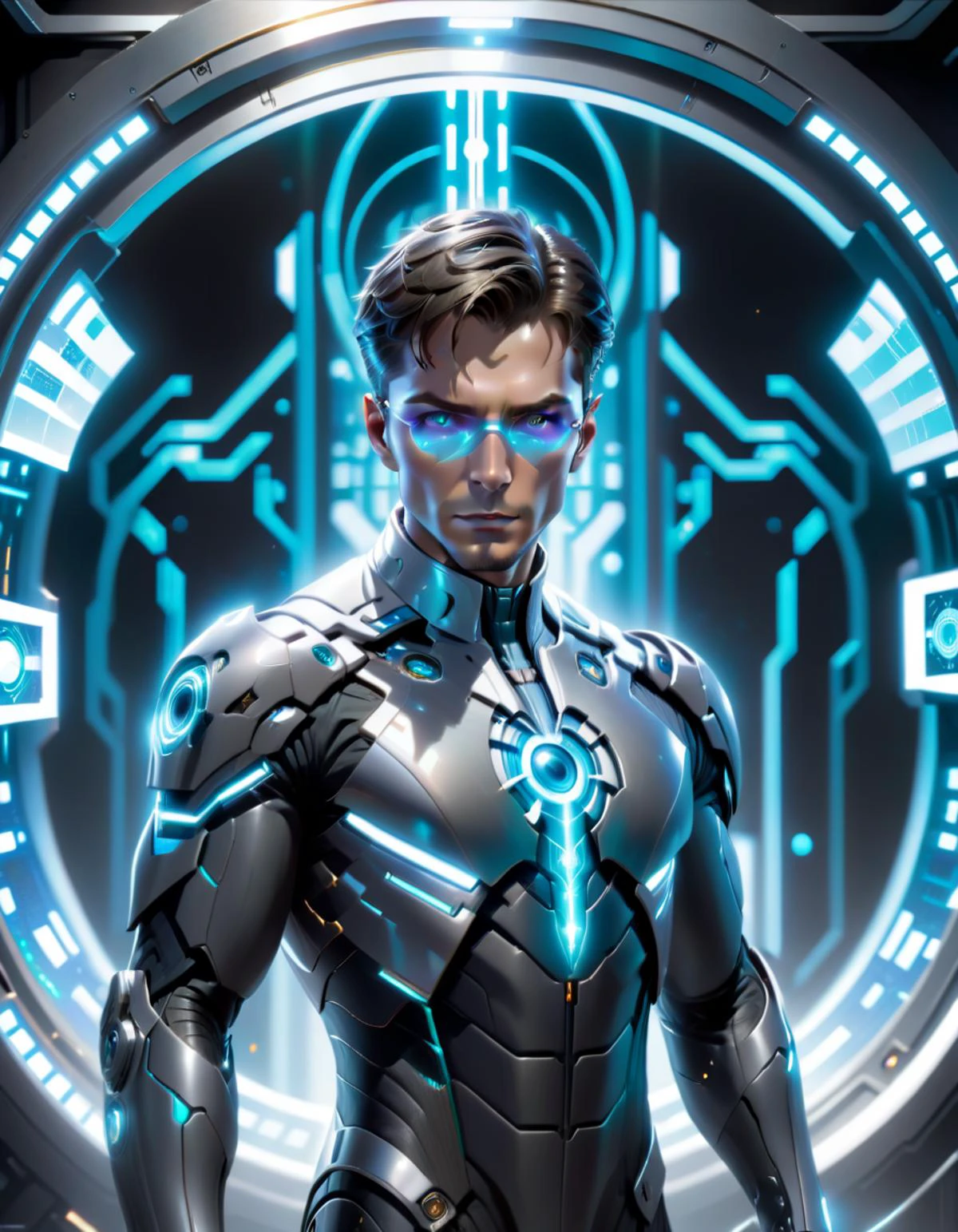 Positive prompt: In the heart of a futuristic laboratory, a cybernetically enhanced male scientist stands tall, His eyes gleam with intelligence and determination as he studies complex data streams on his holographic interface, Adorned in an advanced mecha suit that hums softly with power, he exudes an air of authority and mastery over the technology around him, One robot eye scans the room while the other remains fixated on his work, a testament to both his humanity and machine-like precision, <lora:xl_yamer_style-2.0:0.8> <lora:xl_yamer_style-2.0:0.7> <lora:Randommaxx_dark_offset_v1.1_lora_fp16:0.6>