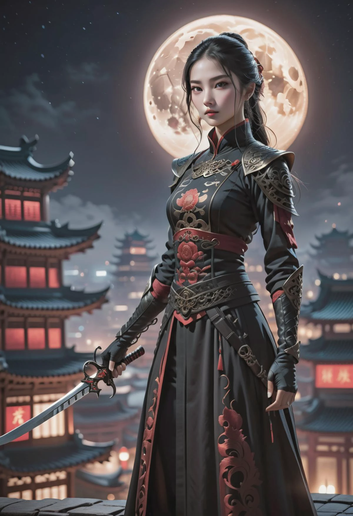 realistic moonlit night scene reveals an enigmatic sight, Chinese female assassin, stands poised on a rooftop, her figure cloaked in shadows, she wears a form-fitting, midnight-black attire adorned with intricate crimson embroidery that shimmers when caught by the moon's soft glow, sharp eyes exude both determination and tranquility, in her gloved hands she wields a pair of slender curved daggers known for their lethal precision, reflecting the glint of moonlight as she tests their balance, bold colors, high contrast, <lora:Randommaxx_dark_offset_v1.1_lora_fp16:0.8>