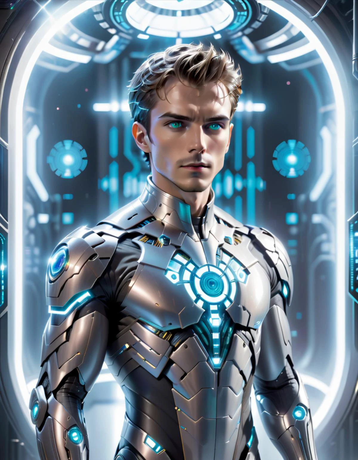 Positive prompt: In the heart of a futuristic laboratory, a cybernetically enhanced male scientist stands tall, His eyes gleam with intelligence and determination as he studies complex data streams on his holographic interface, Adorned in an advanced mecha suit that hums softly with power, he exudes an air of authority and mastery over the technology around him, One robot eye scans the room while the other remains fixated on his work, a testament to both his humanity and machine-like precision, <lora:xl_yamer_style-2.0:0.8> <lora:xl_yamer_style-2.0:0.7> <lora:Randommaxx_dark_offset_v1.1_lora_fp16:0.6>