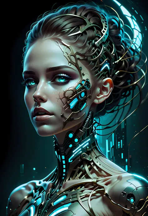 tunning digital illustration features a breathtakingly beautiful jewish woman, biomechanical cyberpunk woman. her natural skin blends seamlessly with her cybernetic implants, creating an ethereal mix of organic and artificial beauty, establishing shot captures every minute aspect of this artwork in its full glory, showcasing it as a true masterpiece, Inspired by Benedick Bana and Guweiz's styles, this piece exudes an unparalleled sense of artistry that is sure to leave viewers in awe, <lora:Randommaxx_dark_offset_v1.1_lora_fp16:0.6>