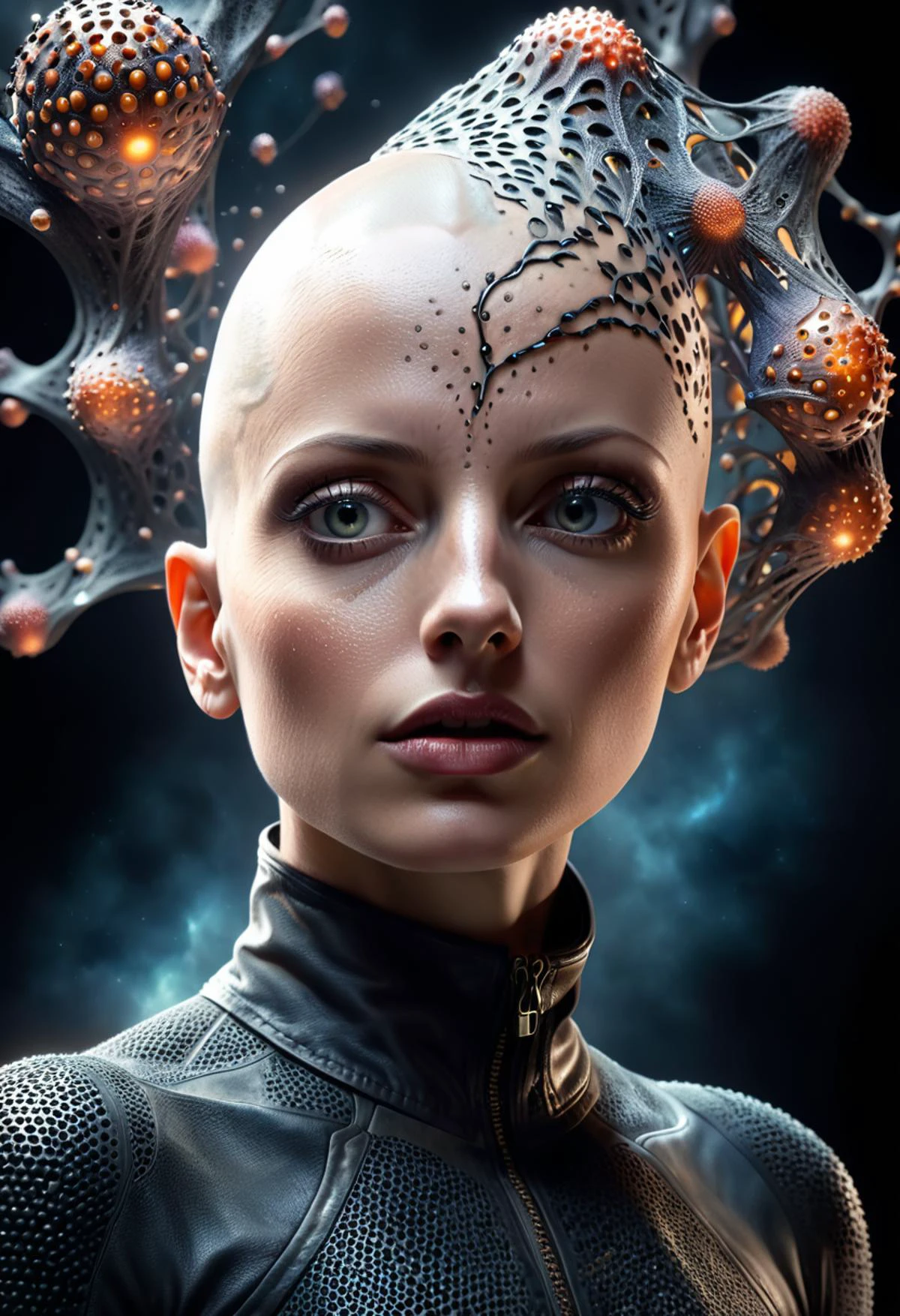 futuristic Conceptual Art of a bald neural network bioengineered woman, solo, dark theme, (in awe:1.2), confident, (surprised:0.7), natural skin, trypophobia:0.8, with background from the side, looking at viewer, cowboy shot, dark nebula background, physically based unbiased rendering, natural lighting, soft shadows, Macabre, Moody Light, colorful,\nstyle of Stan Manoukian\n\nphysically based unbiased rendering, natural lighting, soft shadows, extremely high-resolution details, photographic, realism pushed to extreme, fine texture, 4k, ultra-detailed, high quality, high contrast, <lora:xl_more_art-full_v1:0.5>, <lora:Randommaxx_dark_offset_v1.1_lora_fp16:0.75>,