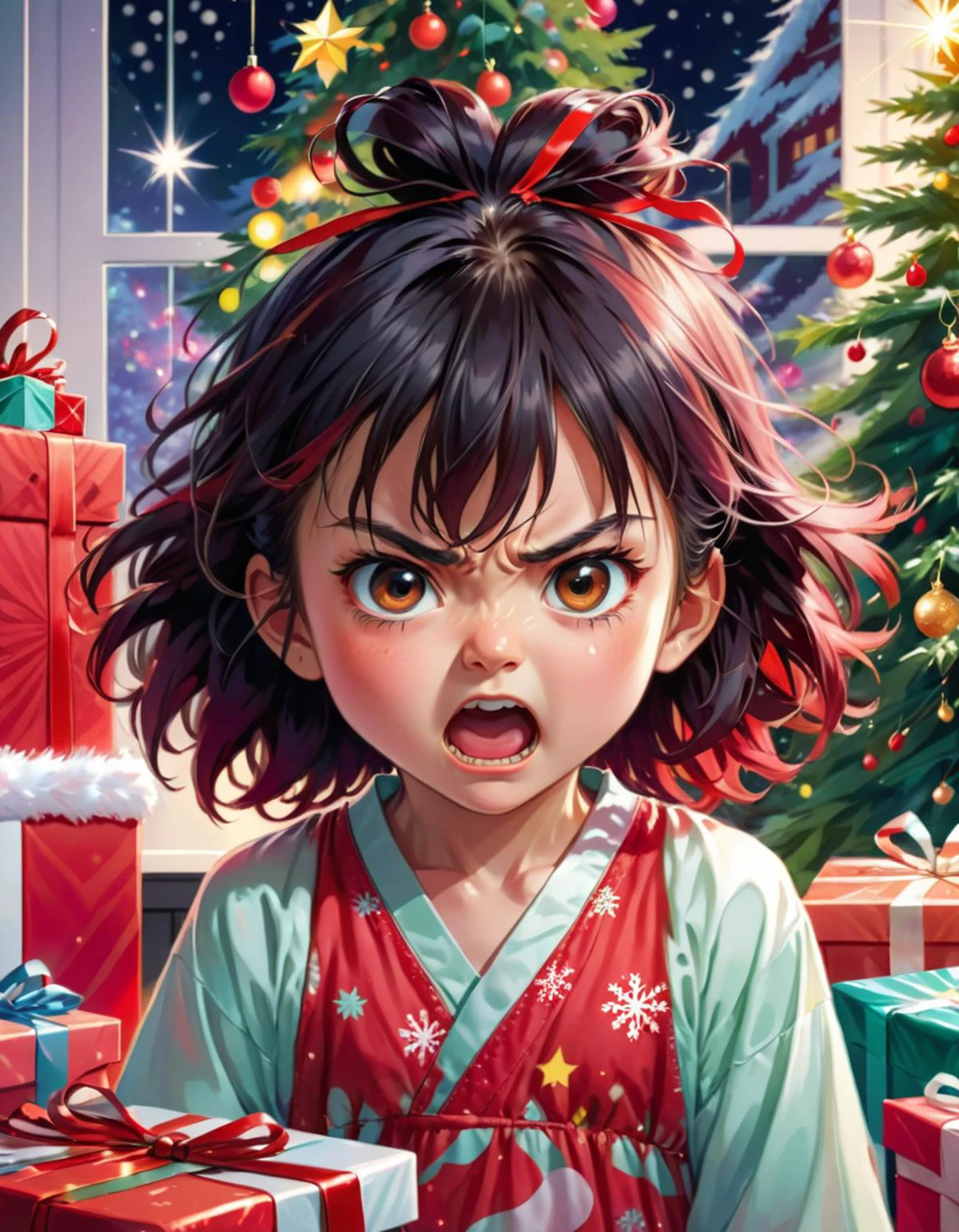 manga style Angry in a nightgown, very angry expression, flushed cheeks, her messy hair framing her face as she glares at the viewer while opening presents under a dimly lit Christmas tree, rim lighting, Her red|black tresses contrasting against the festive backdrop, screaming at viewer, . vibrant, high-energy, detailed, iconic, Japanese comic style, <lora:Randommaxx_dark_offset_v1.1_lora_fp16:0.6>