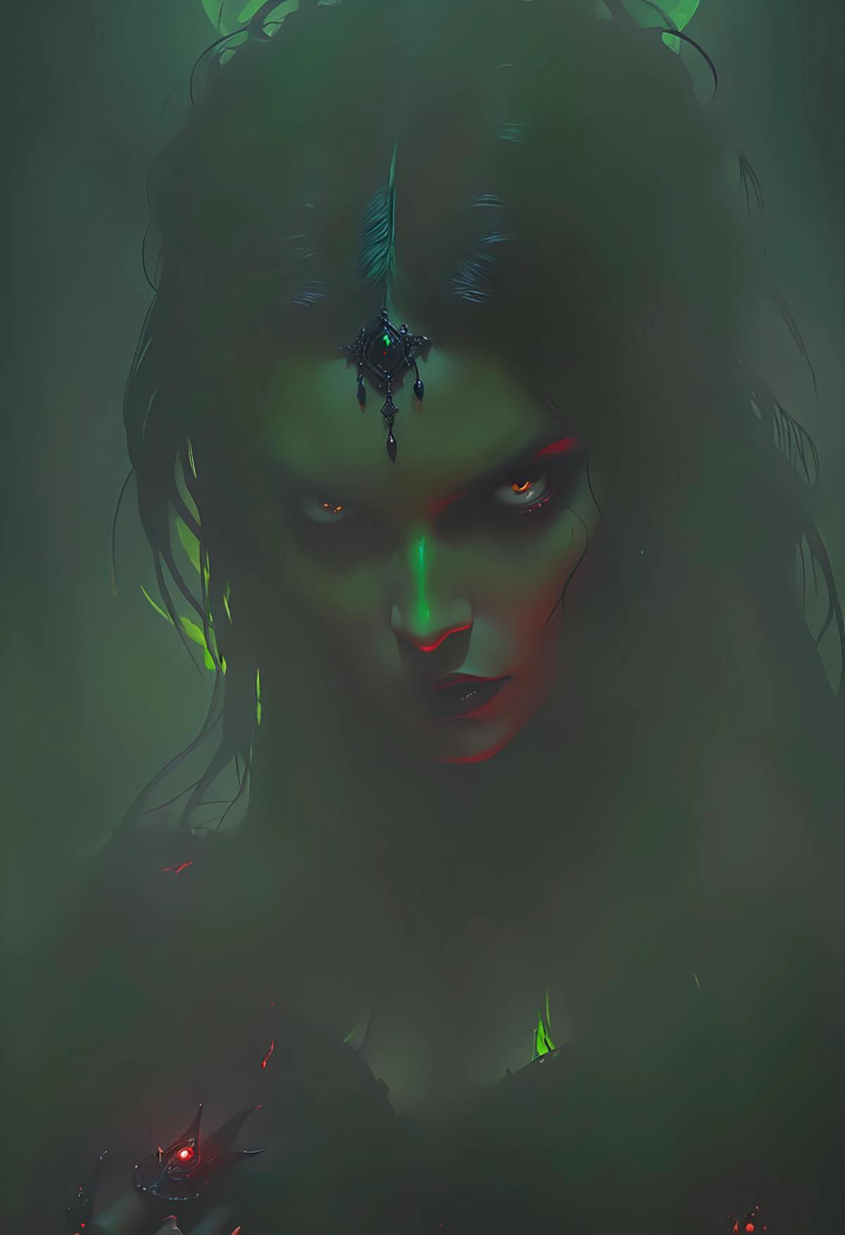 Gothic style demonic woman, dark fantasy, angelic, black angel, light green, saturated colors, moody, red, by Greg Rutkowski and Raymond Swanland, Trending on Artstation, ultra realistic digital art, <lora:Randommaxx_dark_offset_v1.1_lora_fp16:0.6>