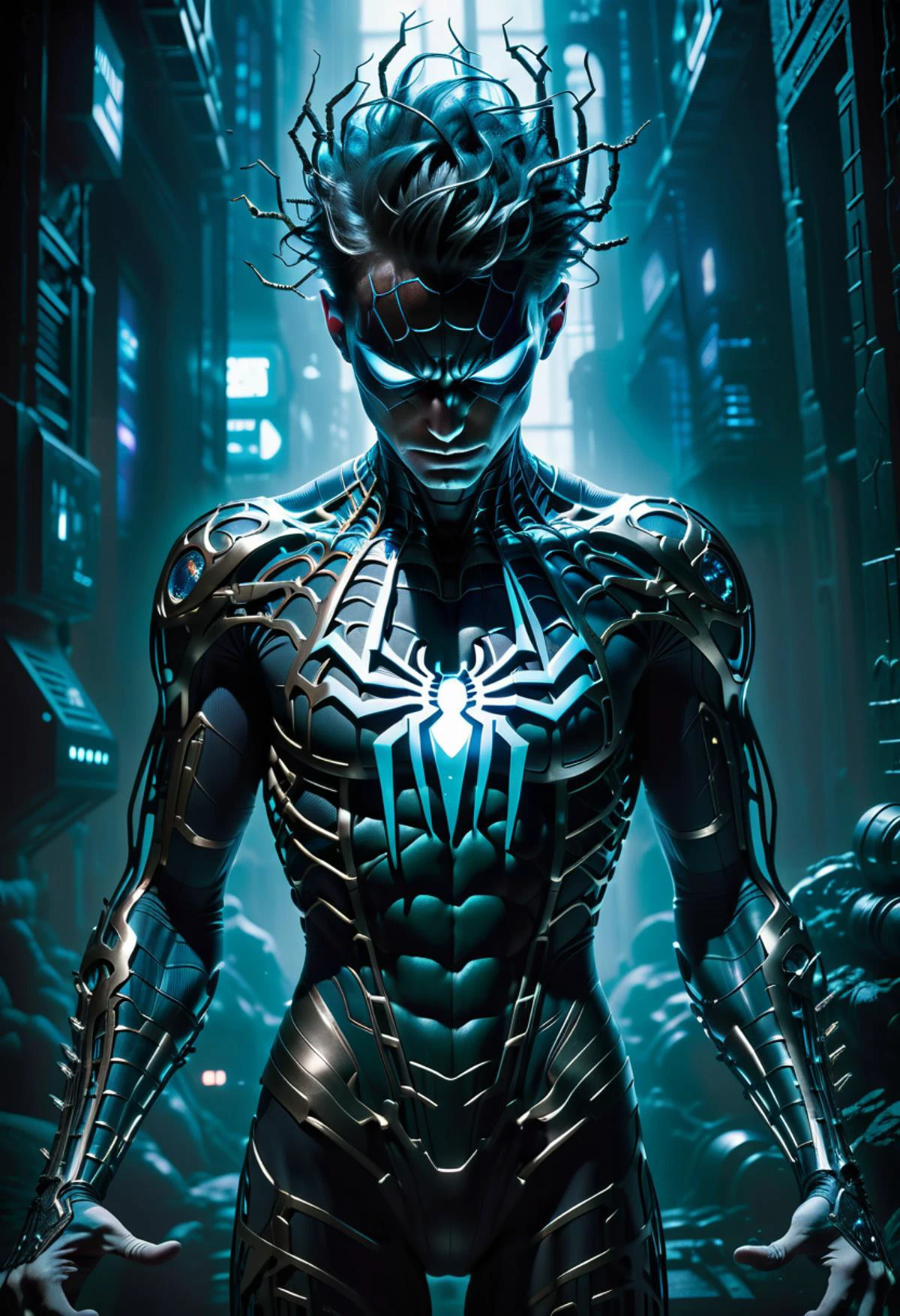 In the heart of a dystopian cybernetic metropolis, organic meets artificial and human-machine fusion, enigmatic figure, adorned with intricate biomechanical augmentations that glow like futuristic blacklight spiderman, energy core pulsating rhythmically beneath his skin, he exudes a punk rock vibe; dirty and noisy yet eerily unsettling, as if he were the embodiment of this grim world's suspenseful underbelly, His eyes gleam with narrative flair, telling stories of dark secrets and forbidden knowledge, tales that only those brave enough to venture into his domain may ever hear, <lora:Randommaxx_dark_offset_v1.1_lora_fp16:0.7>
