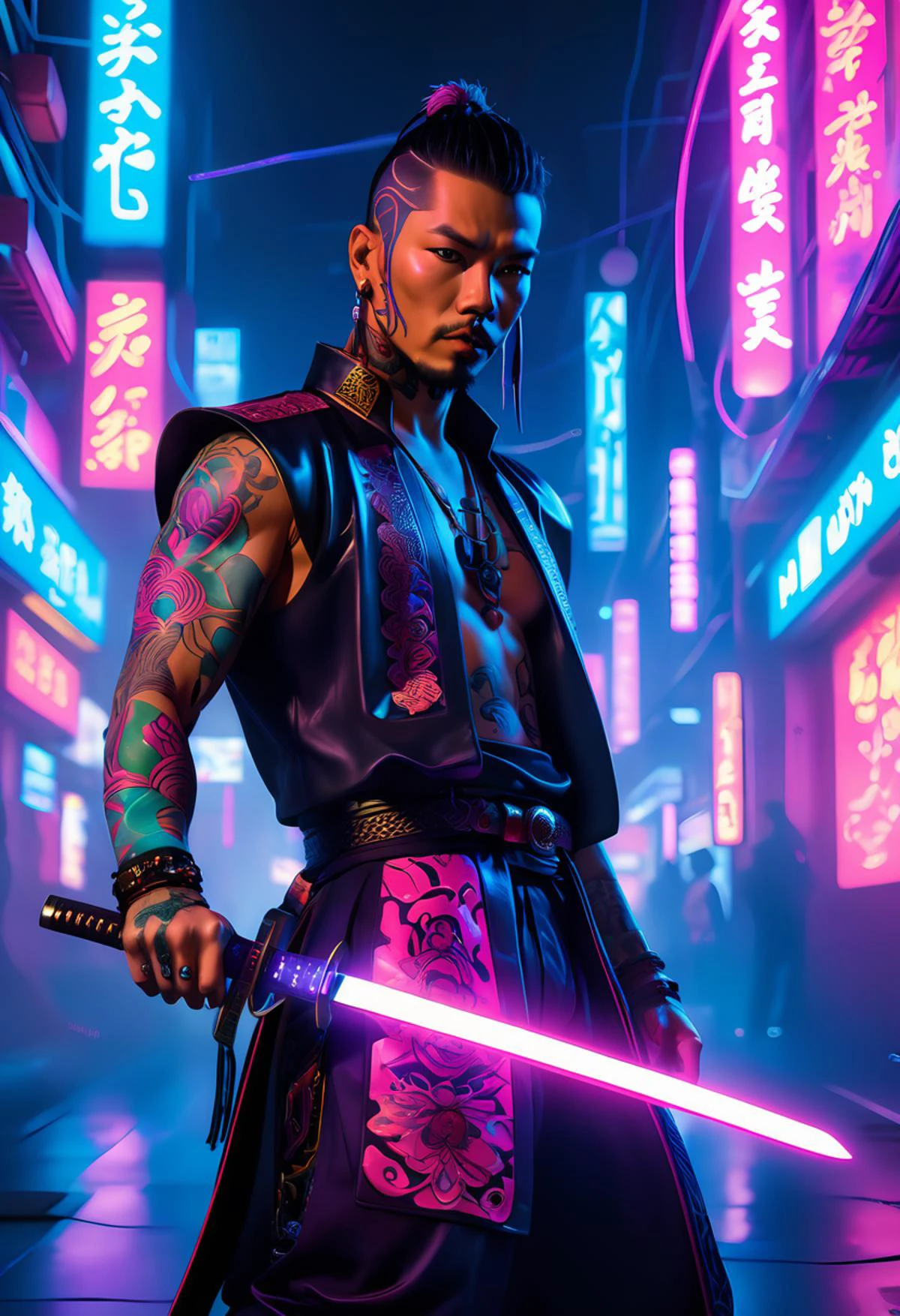 Positive prompt: A street samurai stands confident and powerful against a neon-lit backdrop, his skin is adorned with bright and intricate tattoos that glow in the dim light adding to his mysterious allure, Clad head to toe in cyberpunk fashion inspired by retro futurism, he holds an impressive plasma katana at the ready - a testament to his skill and prowess, bustling underbelly of Neo-Tokyo at night, buzzes with energy around him as synthwave music pulsates through the air, <lora:add-detail-xl:0.7> <lora:Randommaxx_dark_offset_v1.1_lora_fp16:0.8>