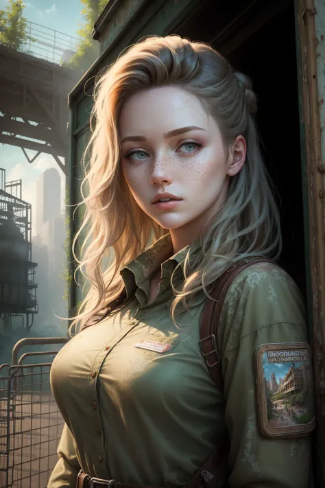 ((best quality)), ((masterpiece)), ((realistic)), (detailed), 1 girl, adult woman, freckles, hazel eyes, silver half-up half-down hairstyle, stunning gradient colors, no watermark signature, detailed background, in a post-apocalyptic zoo, empty overgrown enclosures, faded visitor's center signs, broken monorail. , insanely detailed, , ((masterpiece)), absurdres, HDR