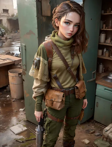(Color Photo:1.3), best quality, portrait of cute woman, 21 years old, (__advanced-post-apocalyptic-outfits__:1.3), (__advanced-post-apocalyptic-weapons__:1.3), (__advanced-post-apocalyptic-accessoires__:1.3), (__advanced-post-apocalyptic-locations__:1.3), (instaphoto:1.2), (post-apocalyptic:1.3), (beautiful eyes:1.3), (backpack:1.3), (weapons:1.4), (ultra detailed face:1.2), (looking at camera:1.1), analog, masterpiece, (slim body:1.1), (young:1.1), (beautiful facial features:1.1), soft and natural skin, (pale skin:1.2), perfect body, detailed textured, cotton fabric, cinematic lighting, by robert capa