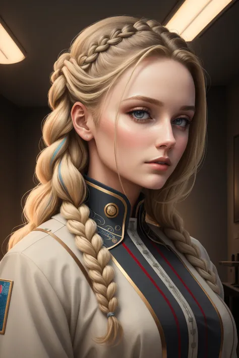 ((best quality)), ((masterpiece)), ((realistic)), (detailed), 1 girl, adult woman, grey eyes, dark blonde braided hairstyle, stunning gradient colors, no watermark signature, detailed background, Mars Colony Hospital, Medical facility with advanced equipment, surgical theaters, and specialized treatment areas. , insanely detailed, , ((masterpiece)), absurdres, HDR