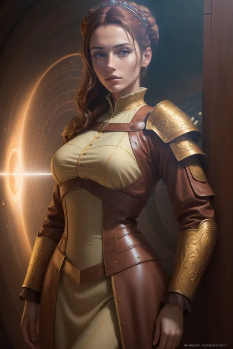 ((best quality)), ((masterpiece)), ((realistic)), (detailed), 1 girl, adult spanish woman, freckles, dark brown eyes, chestnut bun hair, stunning gradient colors, no watermark signature, detailed background, Time Travel Facility, Advanced facility with portals, time machine, and scientists studying temporal fabric. , insanely detailed, , ((masterpiece)), absurdres, HDR