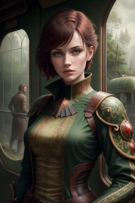 ((best quality)), ((masterpiece)), ((realistic)), (detailed), 1 girl, adult icelandic woman, green eyes, dark red razor cut hair, stunning gradient colors, no watermark signature, detailed background, in a post-apocalyptic zoo, empty overgrown enclosures, faded visitor's center signs, broken monorail. , insanely detailed, , ((masterpiece)), absurdres, HDR