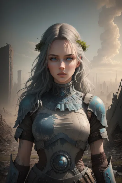 ((best quality)), ((masterpiece)), ((realistic)), (detailed), 1 girl, adult woman, blue eyes, gray textured hair, stunning gradient colors, no watermark signature, detailed background, Post-Apocalyptic Wasteland, Desolate landscape with crumbling structures, overgrown flora, and polluted sky. , insanely detailed, , ((masterpiece)), absurdres, HDR