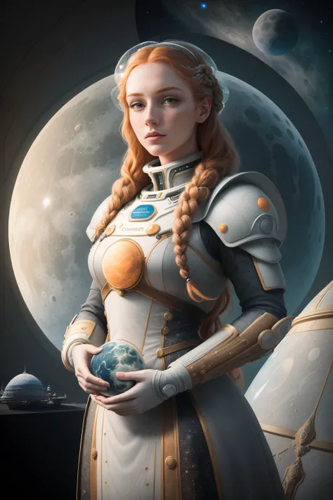 ((best quality)), ((masterpiece)), ((realistic)), (detailed), 1 girl, adult woman, freckles, grey eyes, ginger dutch braid, stunning gradient colors, no watermark signature, detailed background, Lunar Colony, Self-sustaining moon colony with domed structures, lunar rovers, spaceports, and Earthrise views. , insanely detailed, , ((masterpiece)), absurdres, HDR