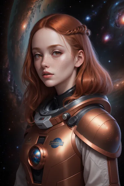 ((best quality)), ((masterpiece)), ((realistic)), (detailed), 1 girl, adult woman, freckles, brown eyes, copper lob hair, stunning gradient colors, no watermark signature, detailed background, Galactic Observatory, Space observatory studying distant galaxies, black holes, and cosmic phenomena. , insanely detailed, , ((masterpiece)), absurdres, HDR