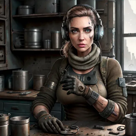 woman, perfect detailed face, Post-apocalyptic, shabby Radio Operator's Gear: Headphones, sweater, jeans, sneakers, wristwatch., on a post-apocalyptic kitchen, scattered rusted pots, cracked dining table, moldy open refrigerator., Wearing Gloves, masterpiece, high resolution, hd, 8k, shallow depth of field, sharp focus