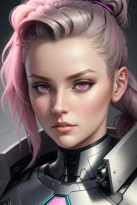 ((best quality)), ((masterpiece)), ((realistic)), (detailed), 1 girl, adult woman, pink eyes, gray ponytail, stunning gradient colors, no watermark signature, detailed background, Transhumanist Clinic, Clinic offering cybernetic implants, genetic modifications, and neural enhancements. , insanely detailed, , ((masterpiece)), absurdres, HDR