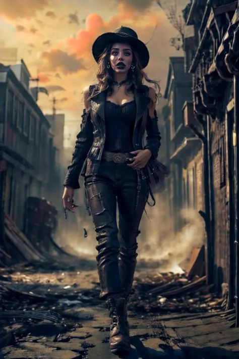 masterpiece, (realistic:1.5), <lora:SteamPunkBundleV3:0.85> cogpunkai, DV_S3_Alexandra_Vicious, ((black lipstick, heavy eyeliner, heavy eye shadow)), Post-apocalyptic, shabby Nomad's Attire: Long-sleeved thermal shirt, torn vest, durable patched jeans, worn leather boots, wide-brimmed hat, large weathered backpack.