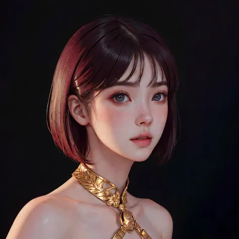 (best quality,masterpeace),(model shot, photorealistic, immense details,extreme close-up, dynamic pose),(perfect composition, golden ratio exposition), finely detailed eyes, looking at viewer,  4k skin texture,
girl 18 yo,detailed casual clothing,vivid acid hair, elegant short haircut , determined, dark fantasy style,   dark background, 
,hdr ,cinematic lighting,