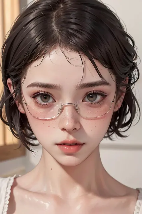 (masterpiece, best quality, photorealistic, detailed shiny skin:1.2), flawless, 8k, RAW, highres, guard tower, dusk,
1girl, cute, upper body, face focus, close up, holding eyewear, looking at viewer, freckles,
long eyelashes, makeup, blush, glossy lips, natural eyeshadow, detailed pupils, puffy eyes, short hair, bangs,