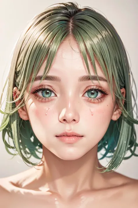 1girl, solo focus, young girl, skin imperfection, white skin, perfect face, puffy face, beautiful face, big eyes, puffy eyes, green eyes, perfect eyes, eyelashes, short layered cut platinum hair