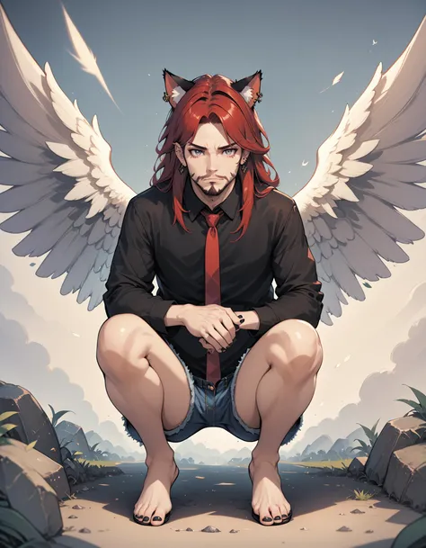 score_9, score_8_up, score_7_up, score_9, BREAK Hellaine Style, 1girl, solo, long hair, looking at viewer, shirt, long sleeves, 1boy, animal ears, jewelry, closed mouth, full body, male focus, red hair, earrings, outdoors, wings, necktie, shorts, barefoot, collared shirt, cat ears, nail polish, feet, animal ear fluff, parted bangs, grey eyes, black shirt, short shorts, bare legs, toes, facial hair, piercing, squatting, denim, red necktie, ear piercing, black nails, feathered wings, beard, toenails, denim shorts, white wings, toenail polish, <lora:HellainePonyXL:1>