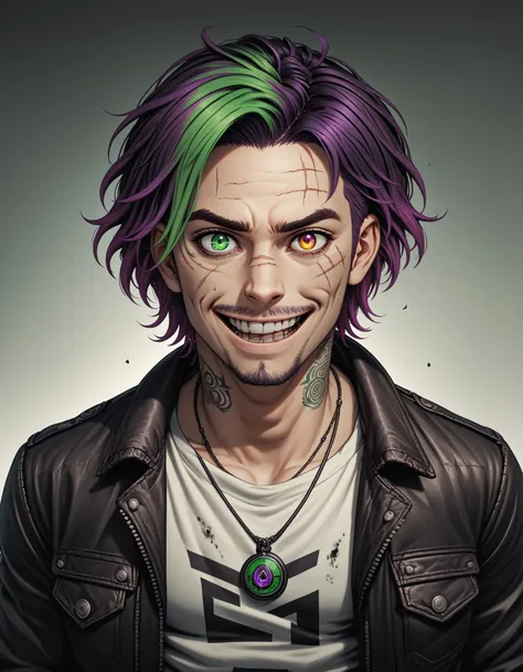 reshadexl, green theme, 1boy, male focus, Lawrence_Shoggoth, Beetlejuice, Beetlejuice, Beetlejuice, male_focus, solo, heterochromia, gradient_hair, multicolored_hair, dirty_face, scars, short_hair, fluffy_hair, jewelry, open_clothes, jacket, necklace, open_jacket, black_jacket, shirt, crop_top, tattoo, pendant, leather, leather_jacket, looking_at_viewer, wide_grin, open_mouth, neon lighting, side lighting, studio, duochrome, duotone , <lora:ReShadeSDXL:0.8>